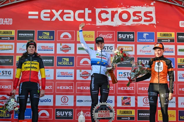 Women SUYS Leiecross Kortrijk Belgian national Marion Norbert Riberolle (2nd - team Crelan-Corendon), Dutch Inge van der Heijden (winner - team Crelan-Corendon, European champion), and Belgian Julie Brouwers (3rd - team Charles Liegeois Roastery XC) stand on the podium after the women s elite race at the SUYS Leiecross Kortrijk, stage 4 7 in the Exact Cross competition, in Kortrijk, Belgium, on December 13, 2025. Kortrijk Belgium  Copyright: xGautierxDemouveauxx originalFilename:demouveaux-notitle251213_nphSR.jpg