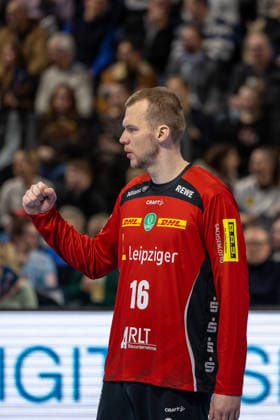 Goalkeeper Tomas Mrkva SC DHfK Leipzig, 16 with Fausst HC Erlangen vs SC DHfK Leipzig, Handball, 1 Handball Bundesliga, Season 2025 2026, Matchday 17, 13 12 2025 HC Erlangen vs SC DHfK Leipzig, Handball, 1 Handball Bundesliga, Season 2025 2026, Matchday 17, 13 12 2025 Nuremberg Copyright: xEibner-Pressefoto ArdanxFuessmanx EP_AFN