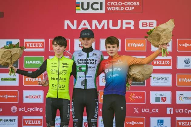 Belgian Mats Becque pictured on the podium after the men s U17, U 17 race of the Cyclocross World Cup, in Namur, Sunday 14 December 2025, stage 4 (out of 12) in the World Cup of the 2026-2027 season. DAVIDxPINTENS  x148794064x