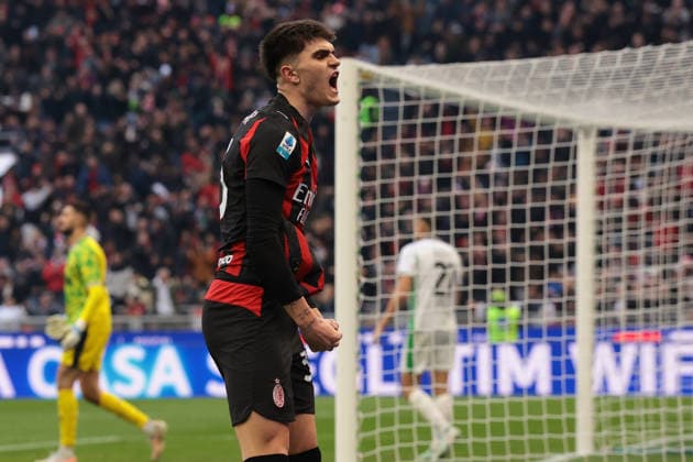 Milan, Italy, 14th December 2025. Davide Bartesaghi of AC Milan celebrates after scoring to level the game at 1-1 during the AC Milan vs Sassuolo Serie A match at Giuseppe Meazza, Milan. Picture credit should read: Jonathan Moscrop Sportimage EDITORIAL USE ONLY. No use with unauthorised audio, video, data, fixture lists, club league logos or live services. Online in-match use limited to 120 images, no video emulation. No use in betting, games or single club league player publications. SPI_004_JM_MILAN_SASSUOLO SPI-4363-0004