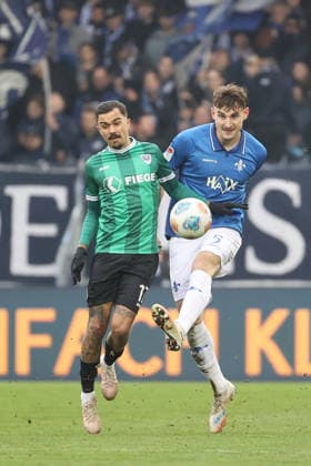 14 12 2025, xtvx, Fußball 2 Bundesliga, SV Darmstadt 98 Preußen Münster v l Zweikampf, Duell, duel, tackle, compete Oliver Batista Meier Preussen Muenster Matej Maglica SV Darmstadt 98 DFL DFB REGULATIONS PROHIBIT ANY USE OF PHOTOGRAPHS as IMAGE SEQUENCES and or QUASI VIDEO Darmstadt