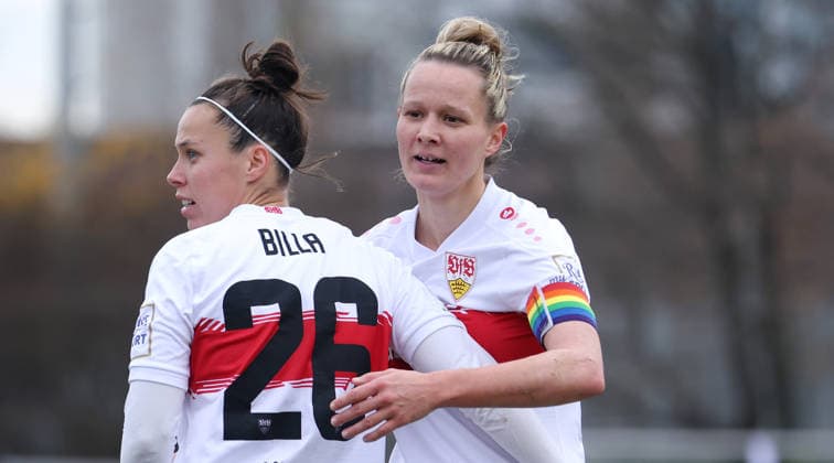 BAU 14 12 2025 Stuttgart Womens soccer VfB Stuttgart vs SC Sand, goal scorer Nicole Billa VfB and Jana Beuschlein VfB celebrate the 2-0 goal
