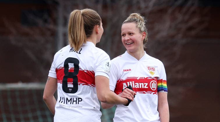 BAU 14 12 2025 Stuttgart Womens soccer VfB Stuttgart vs SC Sand, from left Maximiliane Rall and goal scorer Jana Beuchlein VfB celebrate the 1-0 goal