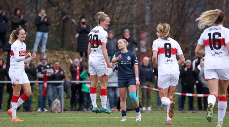 BAU 14 12 2025 Stuttgart womens soccer VfB Stuttgart vs SC Sand, goal scorer Jana Beuschlein VfB, center No. 20 celebrates her goal for 1 0
