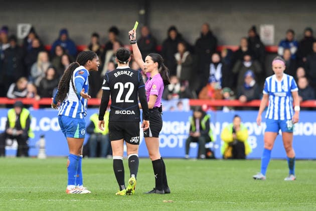 Brighton and Hove Albion Women v Chelsea Women Women s Super League 14 12 2025. YELLOW CARD issued to Madison Haley Striker of Brighton and Hove Albion for her foul on Millie Bright Defender of Chelsea during the Women s Super League match between Brighton and Hove Albion Women and Chelsea Women at The Broadfield Stadium, Crawley, England on 14 December 2025. Crawley The Broadfield Stadium West Sussex England Editorial use only DataCo restrictions apply See www.football-dataco.com , Copyright: xJeffxMoodx PSI-23427-0015