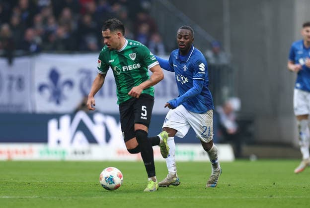 14 12 2025, Football 2 Bundesliga, SV Darmstadt 98 SC Preußen Münster, emonline, emspor, despor, v l , Yassine Bouchama SC Preußen Münster , Merveille Papela SV Darmstadt 98 DFL DFB REGULATIONS PROHIBIT ANY USE OF PHOTOGRAPHS AS IMAGE SEQUENCES AND OR QUASI VIDEO xdcx Copyright: HMBxMedia Claus