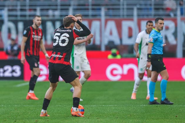 AC Milan vs US Sassuolo Serie A 2025 26 14 12 2025 Alexis Saelemaekers of AC Milan reacts during Serie A 2025 26 football match between AC Milan and US Sassuolo at San Siro Stadium in Milan Copyright: xBEAUTIFULxSPORTS Carabellix