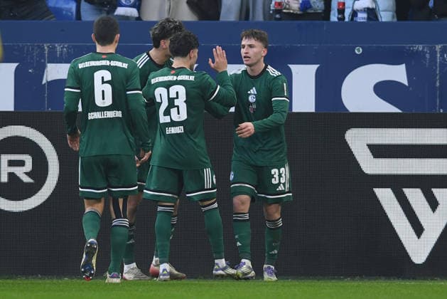 Soccer 2 Bundesliga 16 Matchday FC Schalke 04 1 FC Nürnberg on 14 12 2025 at the Veltins Arena in Gelsenkirchen Goal celebration to 1 0 by Vitalie Becker Schalke DFL regulations prohibit any use of photographs as image sequences and or quasi video xRx