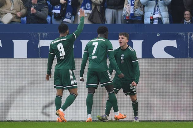 Soccer 2 Bundesliga 16 Matchday FC Schalke 04 1 FC Nürnberg on 14 12 2025 at the Veltins Arena in Gelsenkirchen Goal celebration to 1 0 by Vitalie Becker Schalke DFL regulations prohibit any use of photographs as image sequences and or quasi video xRx