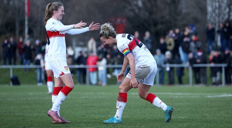 BAU 14 12 2025 Stuttgart Womens soccer VfB Stuttgart vs SC Sand, from left Joy Castor and Jana Beuschlein lift VfB are happy about the victory
