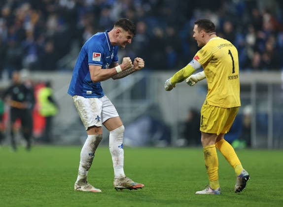14 12 2025, Football 2 Bundesliga, SV Darmstadt 98 SC Preußen Münster, emonline, emspor, despor, v l , Matej Maglica SV Darmstadt 98 , Goalkeeper Marcel Schuhen SV Darmstadt 98 cheering cheering cheering cheering DFL DFB DFB REGULATIONS PROHIBIT ANY USE OF PHOTOGRAPHS AS IMAGE SEQUENCES AND OR QUASI VIDEO xdcx Copyright: HMBxMedia Claus
