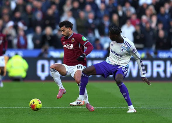 14th December 2025; London Stadium, London, England; Premier League Football, West Ham United versus Aston Villa; Lucas Paqueta of West Ham United challenged by Amadou Onana of Aston Villa  JohnxPatrickxFletcher