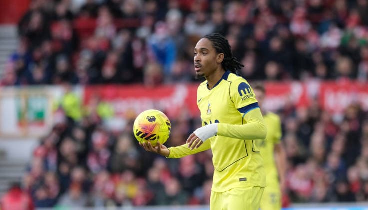 Djed Spence of Tottenham Hotspur seen taking s throw-in during the Premier league football match between Nottingham Forest and Tottenham Hotspur at City Ground in Nottingham. Copyright: xPaulxBonser SportsxPressxPhotox Sportspressphoto_SPR73527