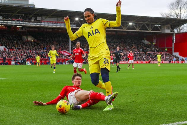 Nottingham Forest v Tottenham Hotspur, Premier League NicolÃ² Savona Of Nottingham Forest Slide Tackles Djed Spence Of Tottenham Hotspur during the Nottingham Forest v Tottenham Hotspur Premier League match at the City Ground, West Bridgford, England on 14 December 2025 Credit: Lee Keuneke Every Second Media Editorial use only. All images are copyright Every Second Media Limited. No images may be reproduced without prior permission. All rights reserved. Premier League and Football League images are subject to licensing agreements with Football DataCo Limited. see https: www.football-dataco.com Copyright: xIMAGO EveryxSecondxMediax ESM-1708-0041 LeexKeunekex xEveryxSecondxMediax