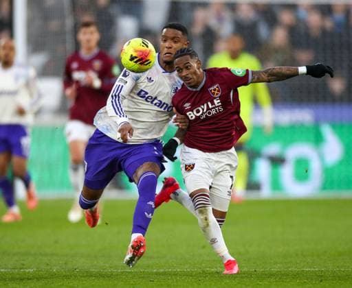 Crysencio Summerville of West Ham United and Ezri Konsa of Aston Villa compete for the ball West Ham United v Aston Villa, Football, Premier League, London Stadium, London, UK, 14 12 25 EDITORIAL USE ONLY No use with unauthorised audio, video, data, fixture lists (outside the EU), club league logos or live services. Online in-match use limited to 45 images (+15 in extra time). No use to emulate moving images. No use in betting, games or Copyright: xAnthonyxHanc Shutterstockx 16104760bd