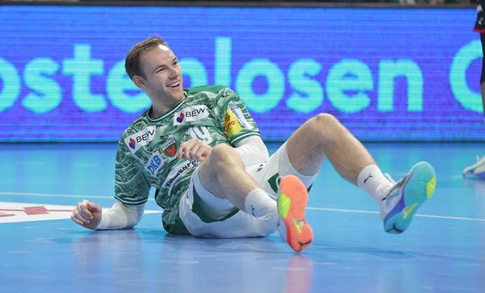 Mathias Gidsel laughs after duel Sport Handball HBL Bundesliga Men 17 Matchday Season 2025 2026 14 12 2025 Füchse Berlin vs HSG Wetzlar