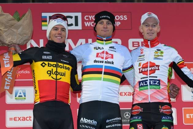 Belgian Thibau Nys, Dutch Mathieu Van Der Poel and Belgian Michael Vanthourenhout pictured on the podium after the men s elite race of the Cyclocross World Cup, in Namur, Sunday 14 December 2025, stage 4 (out of 12) in the World Cup of the 2026-2027 season. DAVIDxPINTENS  x148842944x