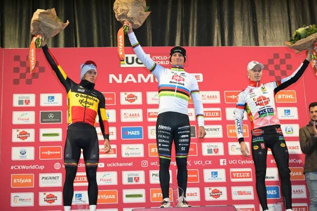 Belgian Thibau Nys, Dutch Mathieu Van Der Poel and Belgian Michael Vanthourenhout pictured on the podium after the men s elite race of the Cyclocross World Cup, in Namur, Sunday 14 December 2025, stage 4 (out of 12) in the World Cup of the 2026-2027 season. DAVIDxPINTENS  x148845358x