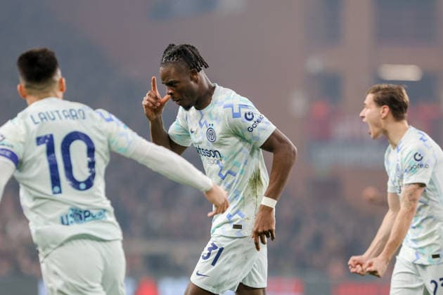 Inter™s Yann-Aurel Bisseck celebrates after scoring a goal for his team during the Serie A soccer match between Genoa and Inter at the Luigi Ferraris Stadium in Genoa, Italy - Sunday, December 14, 2025. - Soccer .  Copyright: xTanoxPecoraro LaPressex