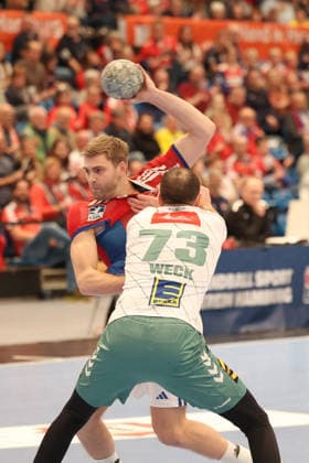 Handball Daikin Handball Bundesliga 2025 2026 Handball Sport Verein Hamburg vs GWD Minden Oliver Norlyk Hamburg ,Alexander Weck Minden , Sporthalle Hamburg Hamburg