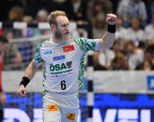 14 12 2025, xophax, Daikin HBL 2025 2026 Handball VFL Gummersbach SC Magdeburg Schwalbe Arena Matthias Musche SC Magdeburg Cheering after a goal Gummersbach