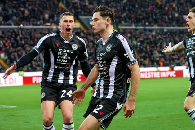 Udinese s Jurgen Ekkelenkamp celebrates after scoring a goal during the Italian Soccer Serie A match between Udinese Calcio vs SSC Napoli at the Bluenergy Stadium in Udine, Italy, 14 december 2025  Copyright: xGabrielexMenis IPAxSportx xipa-agency.netx xx IPA_69151224 IPA_Agency_IPA69151224