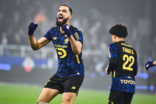 FOOTBALL : AJ Auxerre vs Lille OSC - Ligue 1 - JournÃ e 16 - 14 12 2025 Joie des joueurs du LOSC aprÃ s le but de Nabil Bentaleb (Lille OSC) AuxerreFrance  Copyright: xBaptistexAutissierx