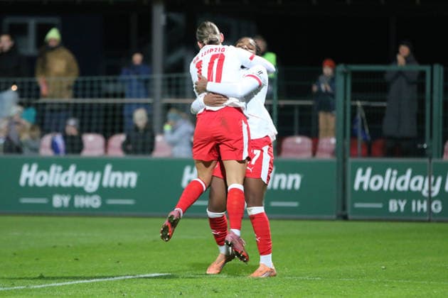 14 12 2025 Soccer Women 2025 2026 Google Pixel Women Bundesliga 13 Matchday RB Leipzig TSG Hoffenheim RB Training Center am Cottaweg Leipzig Goal celebration by Gina Chmielinski RBL, 10, white and Delice Boboy RBL, 17, white after the 2 2 Leipzig Saxony Germany