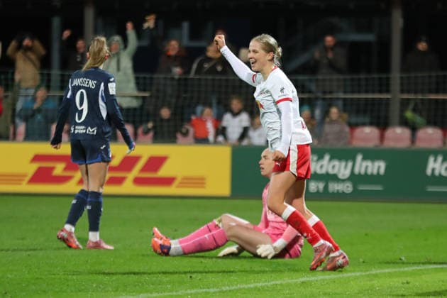 Google Pixel Womens Bundesliga, RB Leipzig TSG Hoffenheim 14 12 2025 Emilia Kiaer Asgeirsdottir 8, RB Leipzig celebrates her goal to equalize 1 1 Soccer, Google Pixel Womens Bundesliga, Season 2025 2026, Matchday 13 RB Leipzig vs TSG 1899 Hoffenheim on 14 12 2025, Training Center Cottaweg, Leipzig DFB REGULATIONS PROHIBIT ANY USE OF PHOTOGRAPHS AS IMAGE SEQUENCES AND OR QUASI VIDEO Copyright: xBEAUTIFULxSPORTS JanxKaeferx