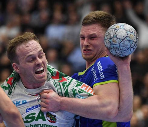 14 12 2025, xophax, Daikin HBL 2025 2026 Handball VFL Gummersbach SC Magdeburg Schwalbe Arena Omar Ingi Magnusson , left SC Magdeburg and Kristjan Horzen SC Magdeburg , right Gummersbach