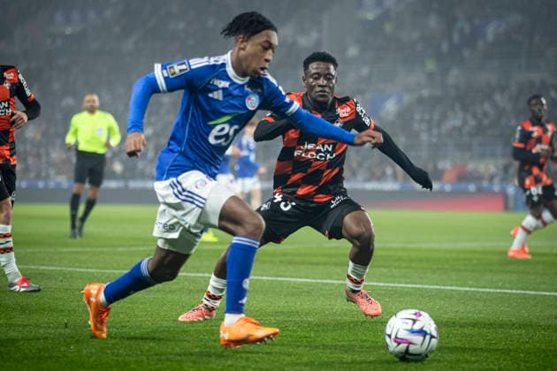 FOOTBALL: Ligue 1 Racing Strasbourg (RCS) vs Lorient. 14 12 2025 Stade de la Meinau. Strasbourg - France Samuel Amo-Ameyaw 27 (RCS)  Copyright: xElyxandroxCEGARRAx