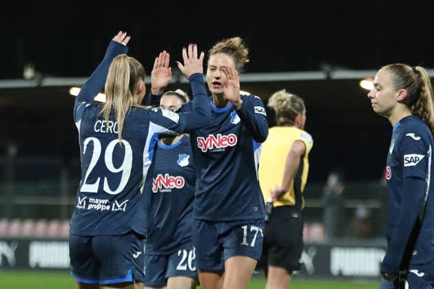 Google Pixel Womens Bundesliga, RB Leipzig TSG Hoffenheim 14 12 2025 Victory celebration with Franziska Harsch 17, TSG Hoffenheim and Selina Cerci 29, TSG Hoffenheim Football, Google Pixel Womens Bundesliga, Season 2025 2026, Matchday 13 RB Leipzig vs TSG 1899 Hoffenheim on 14 12 2025, Training Center Cottaweg, Leipzig DFB REGULATIONS PROHIBIT ANY USE OF PHOTOGRAPHS AS IMAGE SEQUENCES AND OR QUASI VIDEO Copyright: xBEAUTIFULxSPORTS JanxKaeferx