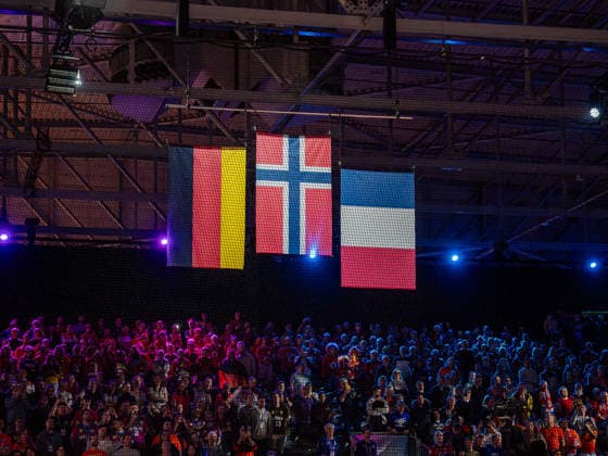 The flags of the 3 best teams, Germany vs. Norway, Handball, World Championship, Women, 2025 2026 season, 14 12 2025, Germany vs. Norway, Handball, World Championship, Women, 2025 2026 season, 14 12 2025 Rotterdam Copyright: xEibner-Pressefoto MichaelxSchmidx EP_MST