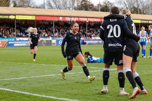 Alyssa Thompson (12 Chelsea) celebrates her goal during the Barclays Womens Super League match between Brighton & Hove Albion Women and Chelsea Women, at Broadfields Stadium, Crawley, England. (Neil Holmes SPP) Copyright: xNeilxHolmes SPPx spp-en-NeHo-bvc37