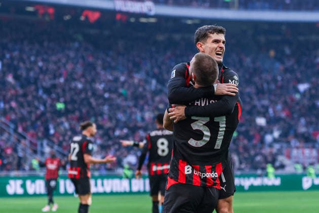CALCIO - Serie A - AC Milan vs US Sassuolo Christian Pulisic of AC Milan celebrates with Strahinja Pavlovic of AC Milan after scoring a later disallowed goal during Serie A 2025 26 football match between AC Milan and US Sassuolo at San Siro Stadium in Milan Milan Italy  Copyright: xIPAxSport ABACAx