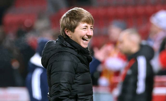 Coach Ailien Poese laughs after the end of the match Joy Emotion Cheering Sport Football Soccer Women Womens Bundesliga 13 Matchday Season 2025 2026 15 12 2025 1 FC Union Berlin vs SG Eintracht Frankfurt SGE DFL regulations prohibit any use of photographs as image sequences and or quasi video