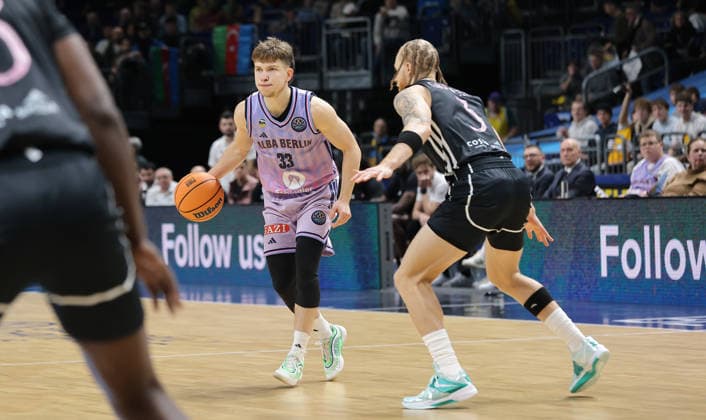 Bennet Hundt on the ball, Hassan Gravett duel Game scene Action Sport Basketball Champions League CL Men Season 2025 2026 16 12 2025 ALBA Berlin vs BC Sabah Baku