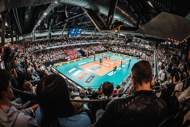 Volleyball Men Season 2025 2026 1 Volleyball Bundesliga Men DVV Cup Semi-Final SVG Lüneburg vs SWD powervolleys Düren 16 12 2025 The full LKH Arena Totale Lüneburg LKH Arena Niedersachsen Germany