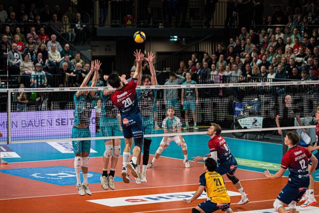Volleyball I Men I Season 2025 2026 I DVV Cup I Semi-final I SVG Lüneburg SWD powervolleys Düren I 16 12 2025 Ethan Robert Champlin 20, SVG Lüneburg in attack against SWD Powervolleys Düren Copyright: xLobeca Bjorn-OlexKehmx