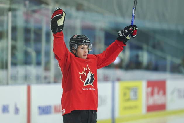 December 16, 2025, Niagara Falls, On, Canada: Braeden Cootes, of Sherwood Park, Alta., celebrates a goal during Canada s National Junior Team training camp in Niagara Falls, Ont., Tuesday, Dec. 16, 2025. Canada News - December 16, 2025 - ZUMAc35_ 20251216_zaf_c35_008 Copyright: xNickxIwanyshynx