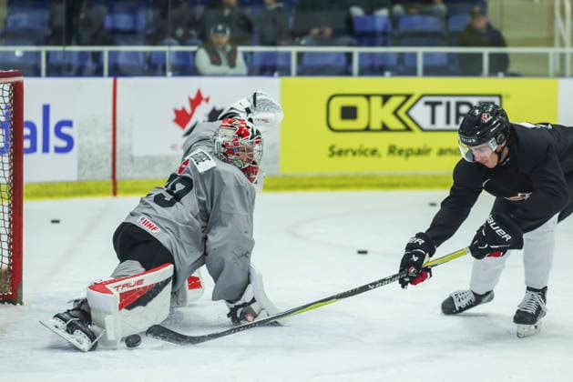 December 16, 2025, Niagara Falls, On, Canada: Carter George, of Thunder Bay, Ont., makes a save on Jake OöÄÃ Brien, of Toronto, during Canada s National Junior Team training camp in Niagara Falls, Ont., Tuesday, Dec. 16, 2025. Canada News - December 16, 2025 - ZUMAc35_ 20251216_zaf_c35_017 Copyright: xNickxIwanyshynx