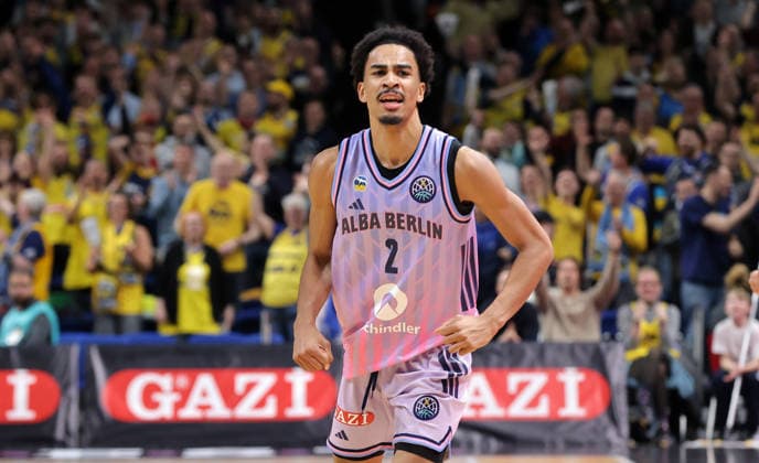 Matheo Hermann celebrates after a three-pointer Joy Emotion Cheers Sport Basketball Champions League CL Men Season 2025 2026 16 12 2025 ALBA Berlin vs BC Sabah Baku