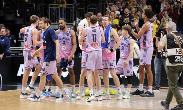 Alba team cheers after the end of the game Joy Emotion Cheers Sport Basketball Champions League CL Men Season 2025 2026 16 12 2025 ALBA Berlin vs BC Sabah Baku