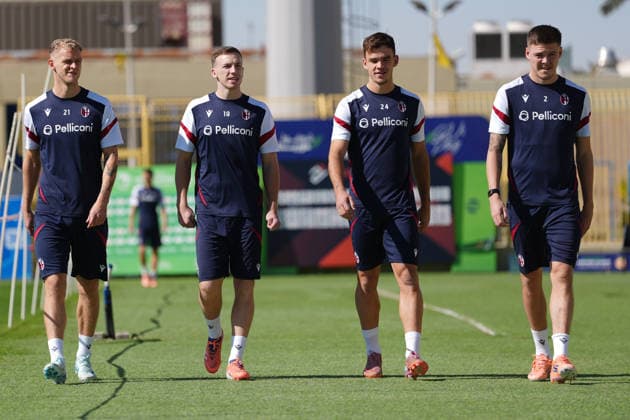 Bologna s Jens Odgaard , Bologna s Lewis Ferguson , Bologna s Thijs Dallinga , Bologna s Emil Holm arrive at the training session at Riyadh , Saudi Arabia - EA Sports FC italian Supercup 2025 2026 Soccer - Wednesday, December 17 , 2025  Copyright: xSpada LaPressex