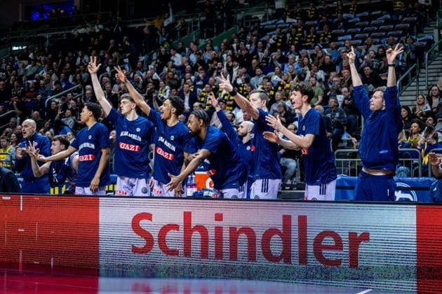 Basketball Berlin 16 12 2025 Season 2025 2026 Basketball Champions League BCL Alba Berlin Sabah BC Baku Jubel Alba Alex O Connell Alba Berlin, No 03 Jack Kayil Alba Berlin, No 07 Anton Nufer Alba Berlin, No 20 Matheo hermann Alba Berlin, No 02 J wan Roberts Alba Berlin, No 13 Justin Bean Alba Berlin, No 34 Richard Schmitt Alba Berlin, No 25 vlnr
