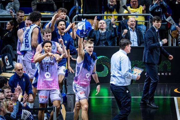 Basketball Berlin 16 12 2025 Season 2025 2026 Basketball Champions League BCL Alba Berlin Sabah BC Baku Jubel Alba Jack Kayil Alba Berlin, No 07 Sam Griesel Alba Berlin, No 05 Alex O Connell Alba Berlin, No 03 Matheo hermann Alba Berlin, No 02 and others