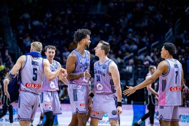 Basketball Berlin 16 12 2025 Season 2025 2026 Basketball Champions League BCL Alba Berlin Sabah BC Baku Jubel Alba Norris Agbakoko Alba Berlin, No 17 Justin Bean Alba Berlin, No 34 Jack Kayil Alba Berlin, No 07 Alex O Connell Alba Berlin, No 03 Sam Griesel Alba Berlin, No 05