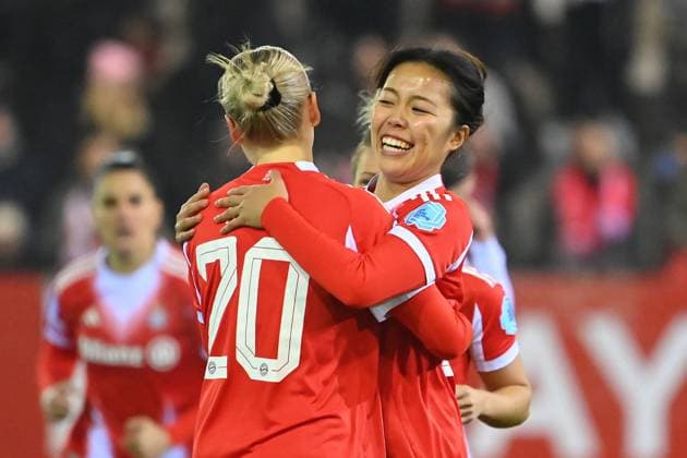 Goal celebration Momoko TANIKAWA FCB,right after goal to 1 0 with Franziska KETT FCB , cheering,joy,enthusiasm,action FC Bayern Muenchen Valerenga Oslo Football Womens Champions League on 17 12 2025 FC Bayern Campus