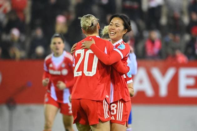 Goal celebration Momoko TANIKAWA FCB,right after goal to 1 0 with Franziska KETT FCB , cheering,joy,enthusiasm,action FC Bayern Muenchen Valerenga Oslo Football Womens Champions League on 17 12 2025 FC Bayern Campus