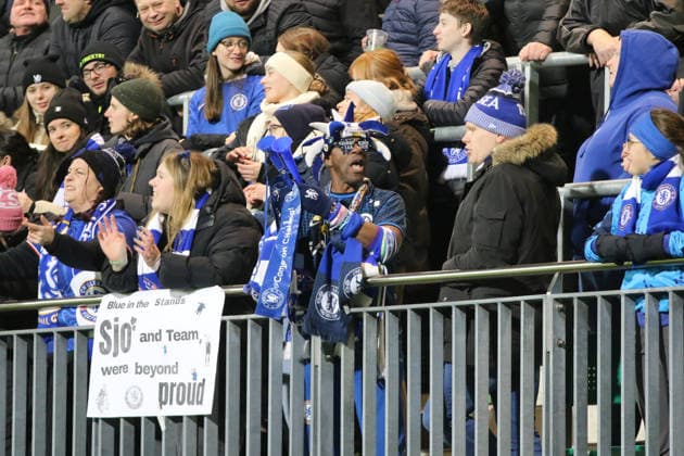 17 12 2025 Football Women 2025 2026 UEFA Womens Champions League 6 Matchday VfL Wolfsburg Chelsea FC AOK Stadion Wolfsburg A Chelsea fan center animates the fan block Wolfsburg Lower Saxony Germany